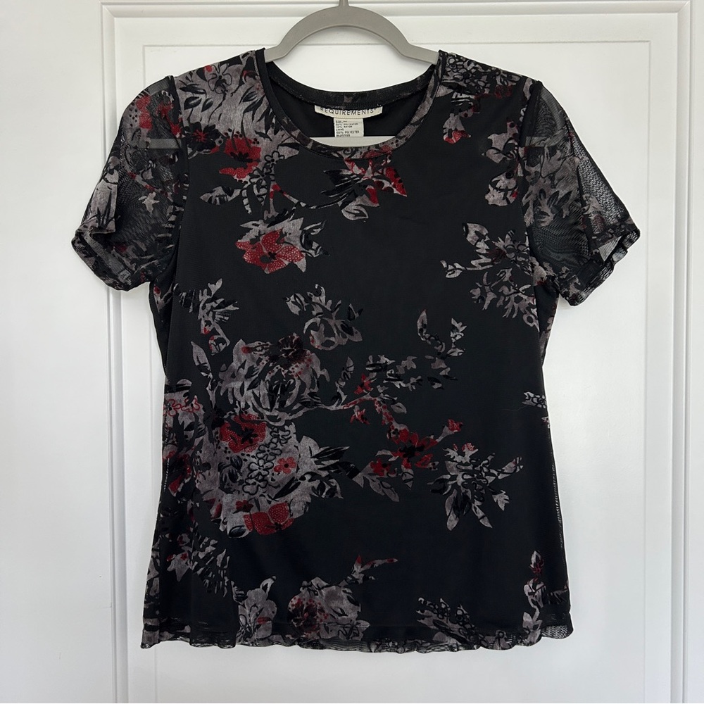 Requirements Vintage 90s/Y2K Velvet Burnout Black Floral Tee with Sheer Overlay